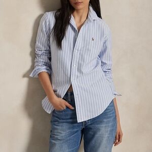 Ralph Lauren Women's Light Blue Striped Slim Fit Polo Button Down ~ Size 10